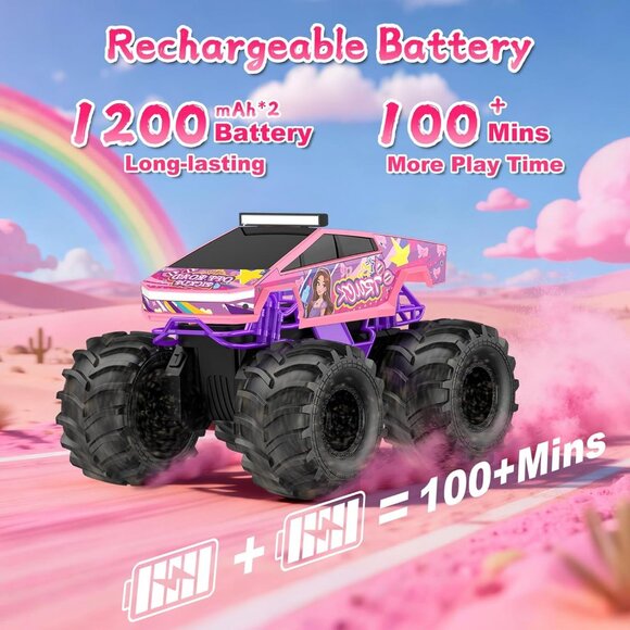 Remote Control Car 1:18 Pink Monster Truck 4WD Waterproof RC Off-Road Pickup 6+ - Picture 4 of 8